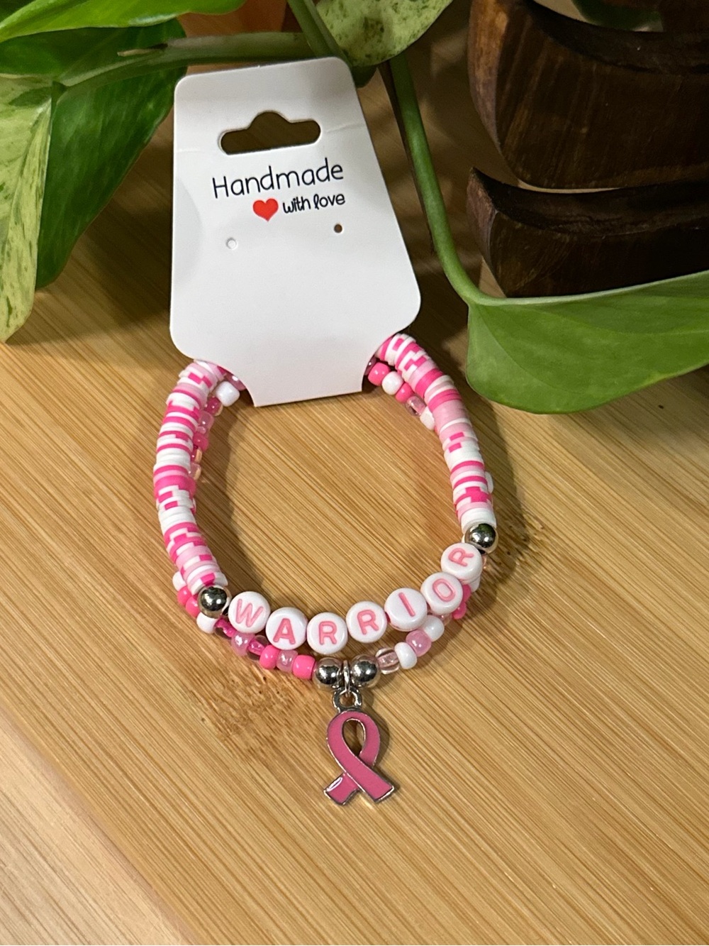 🎀Breast Cancer Awareness 2-PC Stretchy‎ Bracelet Set | Handmade |Dangle Charm🎀